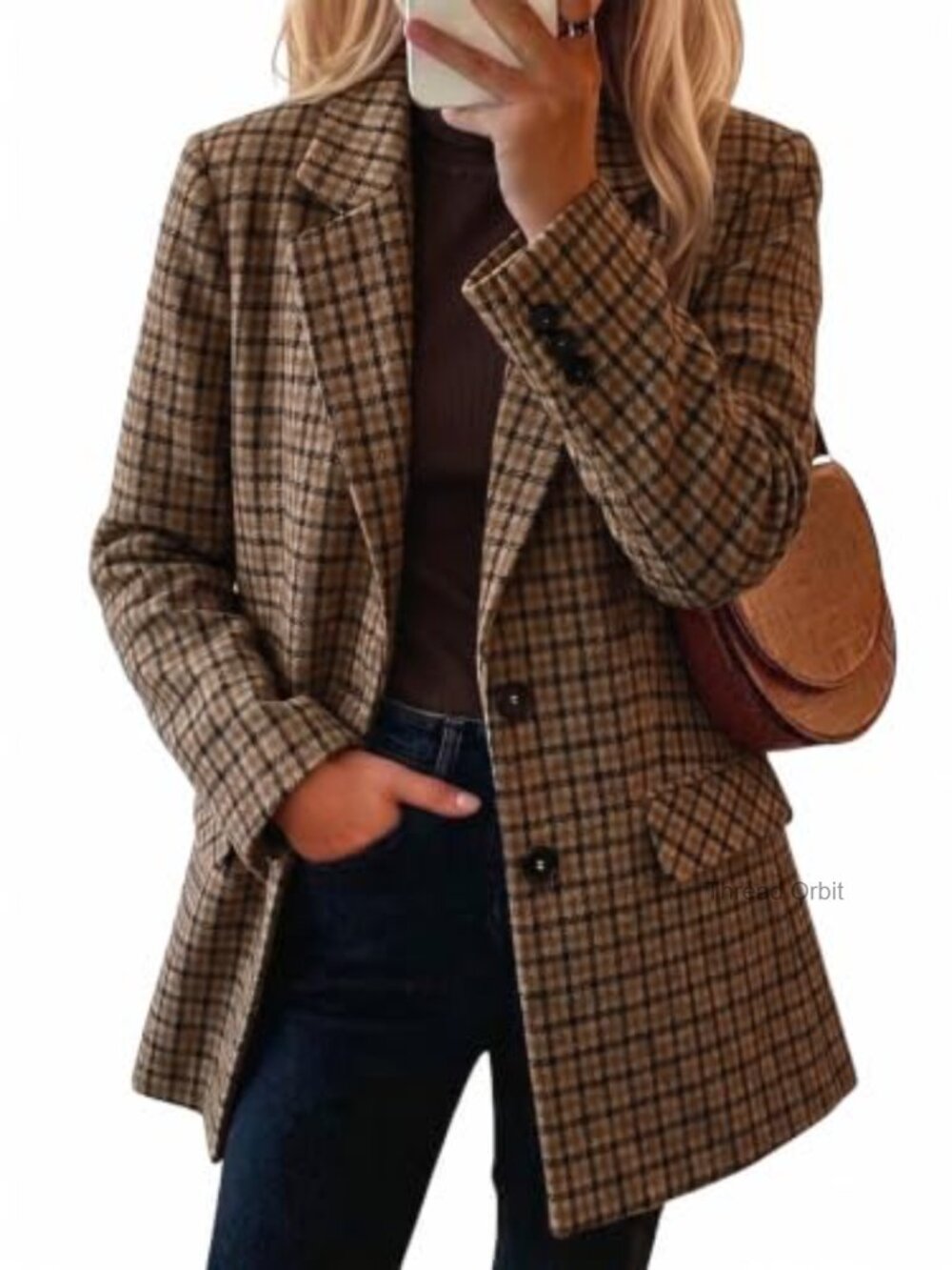 Wool Blend Houndstooth Blazer Notched Lapel Oversized Business Casual